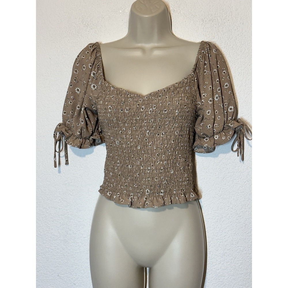 Y2K Altar'd State Top Large Brown Ditzy Floral Puff Sleeve Milkmaid Cottagecore